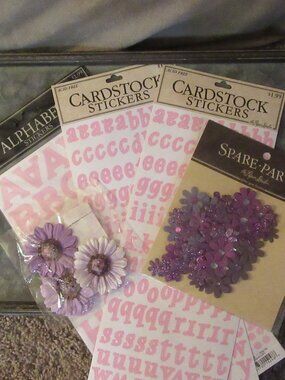 3 NIP complete sets pink alpha stickers; 80+ purple scrapbooking flowers